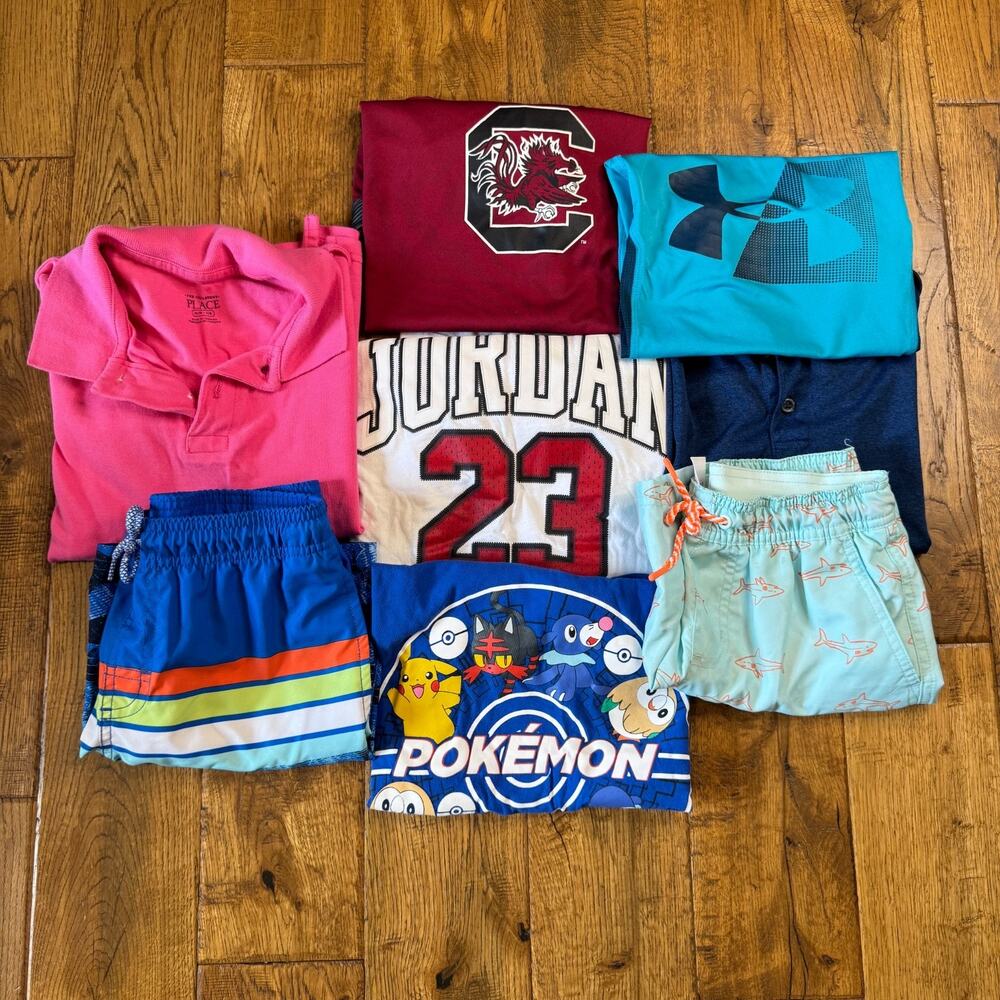 Lot of 8 Boys Summer Clothing Sz 8 Under Armor Swim Trunks Shorts Shirts Polos